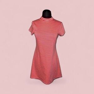 Free People Orange and White Striped Mock Neck Short Sleeve A-Line Mini Dress
